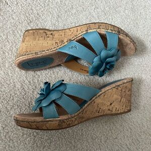 Born BOC Floral Leather Turquoise Blue Cork Wedge Heels Women's Platform Sandals